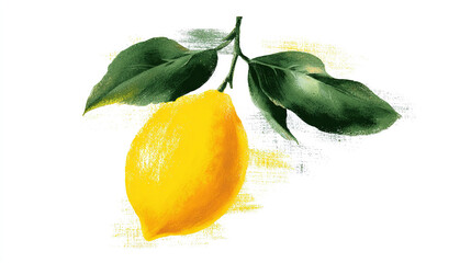 Bright Yellow Lemon with Green Leaves on White Background
