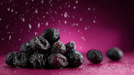 Dried plums with water droplets on a pink background