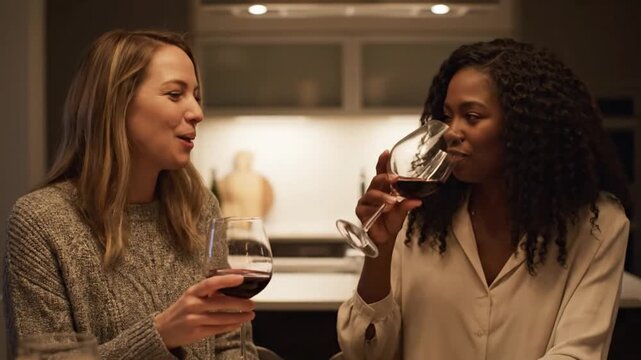 Two girlfriends enjoy a cheerful moment at a home kitchen party, laughing and sipping wine. They share stories and create memories while seated at a kitchen table