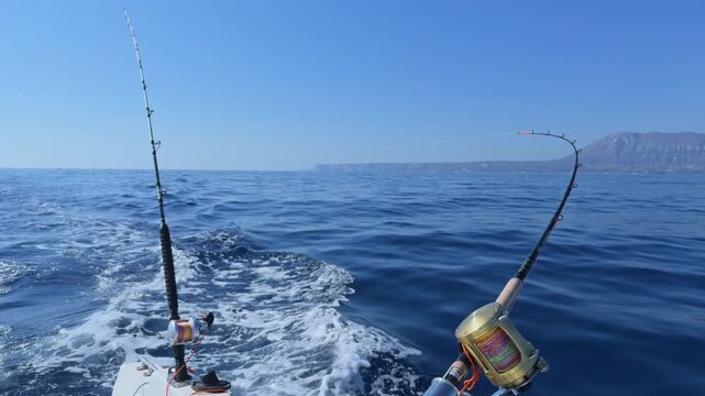 Denia and Javea Costa Blanca trolling fishing rods on boat in Mediterranean Sea