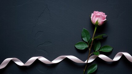Fototapeta premium Single pink rose on dark background with ribbon 