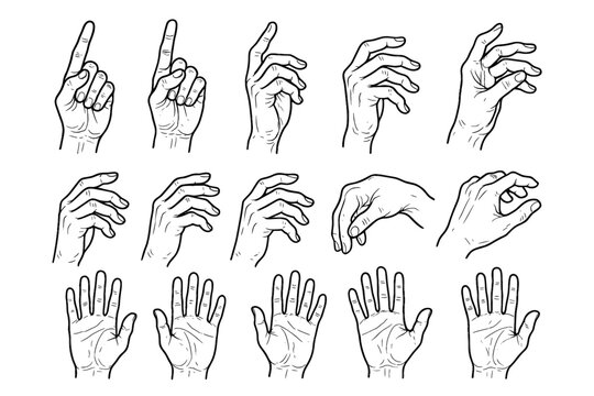 Grid expressive palm sketch icons relaxed hand lines upward vector pointing icon