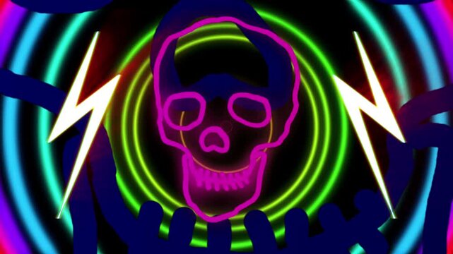 Outline of a skull with color shifting neon. Halloween theme, with hypnotic background pattern and lightning bolts.