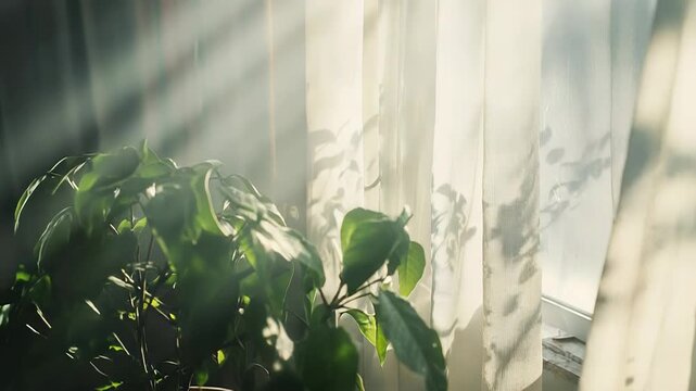 Green houseplant in a pot standing by a sunlit window, diffuse morning light filtering through sheer curtains and casting gentle shadows, creating a bright and airy domestic atmosphere