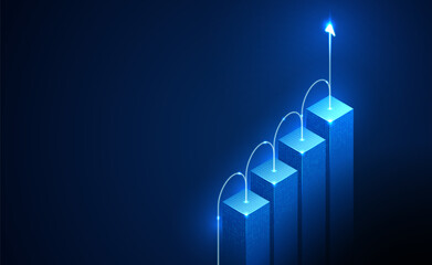 Abstract blue 3D business, financial growth concept. Rising stair step graph and arrow up. Digital isometric illustration of strategy, success. Market development progress on a futuristic background.