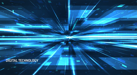 Futuristic blue light quantum bg. Abstract technology motion, neon digital lines, speed flow, perspective depth. Big data energy, laser particles explosion, cyber network modern tech 3d design.