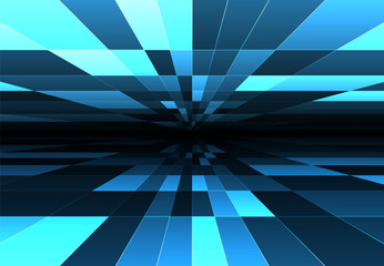 Abstract 3D grid room. Neon tiled floor, geometric wireframe lines in perspective, digital blue space landscape, futuristic retro tech background. Virtual architecture, data horizon and cyber design.