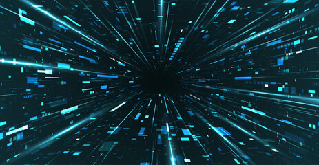 Futuristic blue light cyberspace. Abstract technology motion, neon digital lines, speed flow, perspective depth. Big data energy, laser particles explosion, cyber network modern tech 3d design.