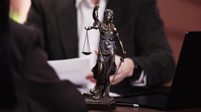 Male lawyer consulting client at desk in modern law office with Lady Justice statue. Legal advice, professional attorney services, justice system and trust concept.