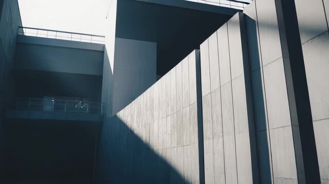Modern concrete building exterior showing abstract geometric forms and a dynamic interplay of light and dark shadows across the wall and ground surface, creating a minimalist concept
