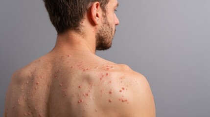 Naklejka premium A young man stands with his back facing the viewer displaying visible acne on his skin. The background is gray creating a simple and focused environment.