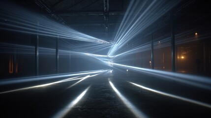 Light Beams Create Rhythm and Flow in a Dimly Lit Space Showcasing Movement and Energy During an Evening Event