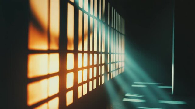 Sunlight beams passing through a window grid illuminate a dark interior, creating a dramatic play of light and shadow on the textured wall and reflective floor