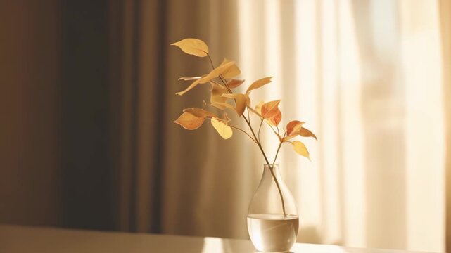 Branch of warm yellow and orange autumn leaves in a clear glass vase on a white table, soft sunlight and gentle shadows creating a calm, cozy minimal interior still life