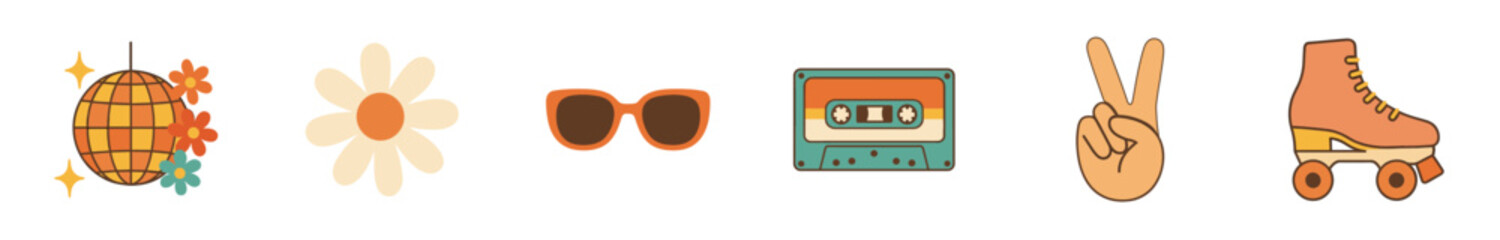 Obraz premium Retro vintage collection of groovy 70s and 80s themed items including a disco ball, daisy, sunglasses, cassette, peace sign, and roller skate.