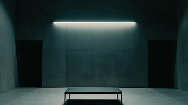 Minimalist room featuring a single lit frieze on the dark back wall, creating a stark, somber atmosphere around a simple central bench, conveying themes of isolation and introspection