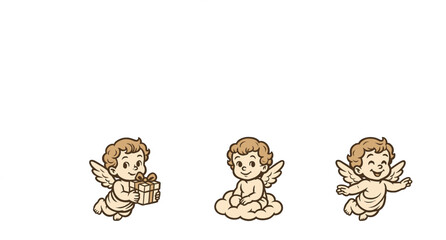 Fototapeta premium Three adorable cartoon cherubs are depicted in various charming poses, one holding a gift, another sitting on a cloud, and the third flying happily.