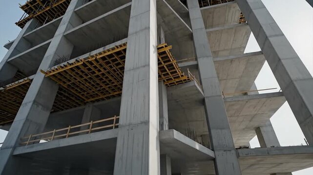 Unfinished Concrete Construction Building Under Development with Exposed Rebar and Scaffolding from Ground-Level Viewpoint