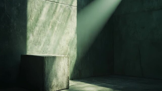 Concrete cube standing in a dark room, catching a spotlight, symbolizing hope, challenge, or a moment of revelation, creating a powerful, moody abstract background for product display
