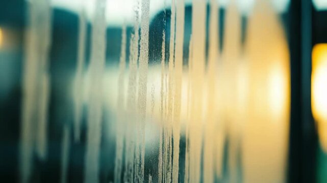 Water droplets condensed on clear glass create vertical streaks and an abstract gradient of blurred warm yellows and cool teals, evoking rainy, atmospheric texture and light