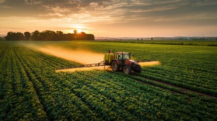 Fototapeta premium A tractor is actively applying fertilizer across a lush green field as the sun sets casting a warm glow over the vast agricultural landscape. The sky is painted in soft colors.