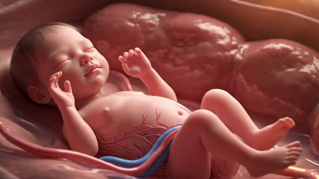 Realistic 3d rendering depicts a peacefully sleeping newborn baby floating serenely within the confines of the uterine cavity connected by the umbilical cord.