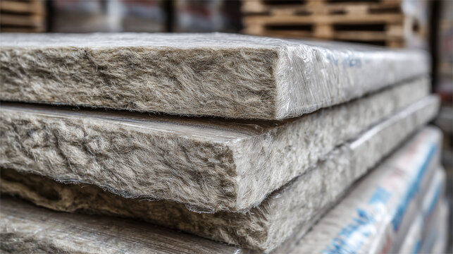 Stack of mineral wool insulation boards in torn plastic wrap shows textured surface of construction material up close.