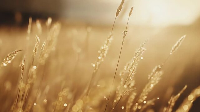 Golden grass ears stand in a field, gently reflecting the warm morning sunlight and sparkling with dew drops, creating a soft, blurred background and a serene natural glow