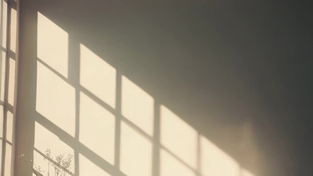 Minimalist room featuring warm sunlight creating striking window shadows on a textured wall, highlighting a simple potted plant in a peaceful, empty space