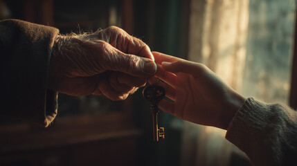 Generational Trust: Elderly Hand Passing Antique Key to Young Woman in Cinematic, Natural Light Setting