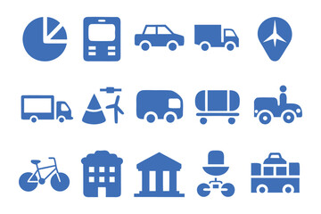 Obraz premium Logistics and Transportation Icon Set: Blue Business Symbols for Shipping, Delivery, Infrastructure, and Urban Mobility