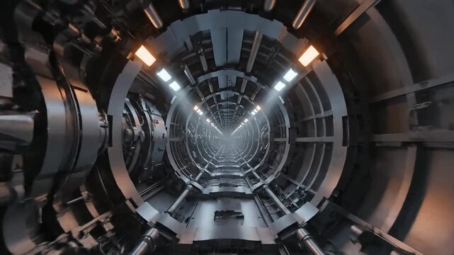 Industrial Futuristic Metallic Structure with Central Circular Tunnel, Reflective Surfaces, Bright Lights, and Complex Machinery in a High-Tech Environment, Illustration, Front Viewpoint