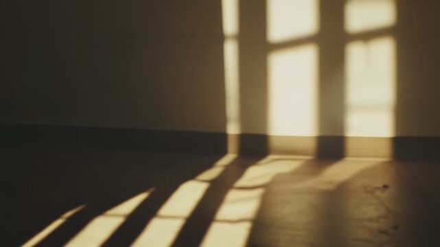 Striking sunlight entering a room through a window, casting strong geometric shadows from the frame onto a wooden floor and a light colored wall, creating a peaceful scene
