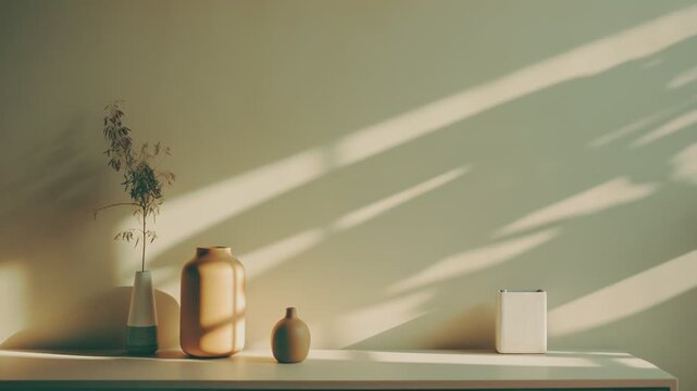 Minimalist home decor objects on a light cabinet, including ceramic vases with dried foliage and a rectangular container, catching soft natural afternoon light creating striped shadows on the wall