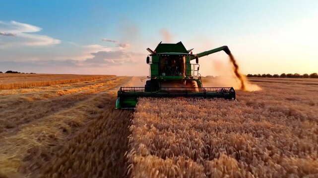 Powerful green combine harvester diligently cutting and threshing ripe golden wheat grain across a vast agricultural field during sunset light