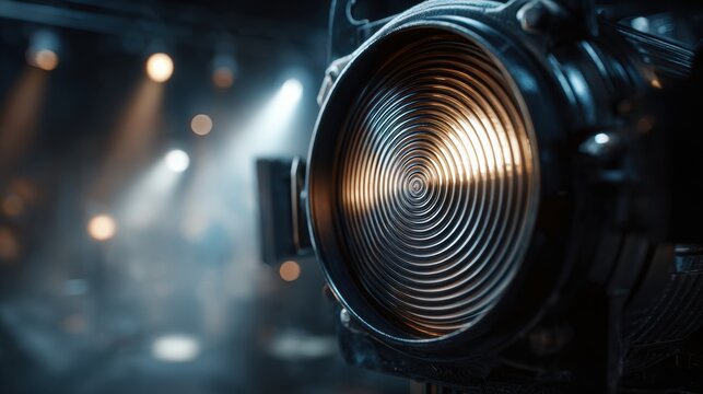 Detail of a Fresnel Stage Light Lens Rings With Cinematic Lighting in a Performance Space
