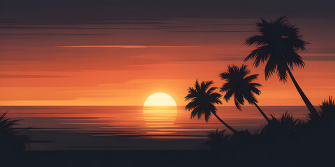 Obraz premium Tropical sunset with palm trees silhouetted against a vibrant orange sky.