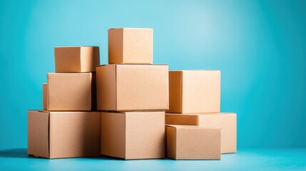 Obraz premium A collection of brown cardboard boxes arranged in a staggered formation against a bright blue background. Ideal for themes related to shipping delivery and packaging solutions.