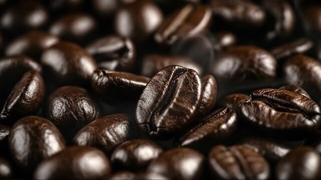 Closeup roasted coffee beans rolling in slow motion capturing rich texture and aroma