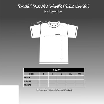 A vector sketch of a short-sleeve t-shirt size chart with measurement guides for width, height, and sleeve length, presented in a clear, technical format.