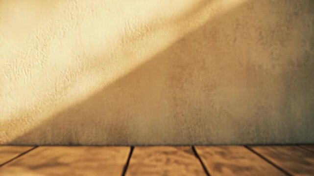 Empty room featuring a textured plaster wall and rustic wooden floorboards, capturing diagonal sunlight creating warm, natural shadows for product display or creative background