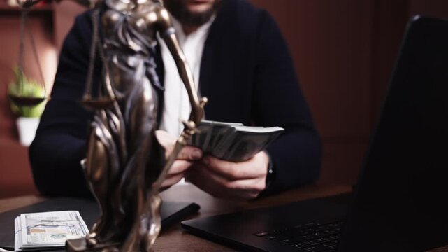 Lady Justice statue with person holding hundred-dollar bills near laptop. Corruption, illegal payments, justice system integrity and financial crime concept.