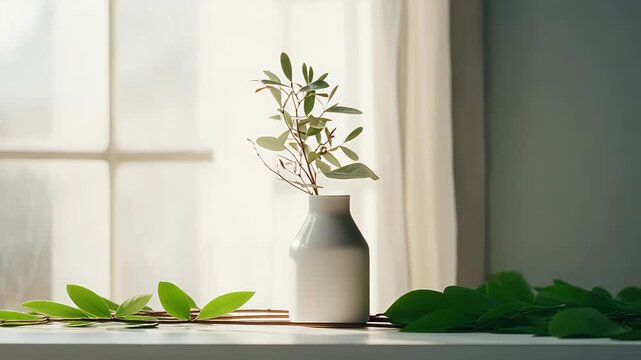 Minimalist interior with a ceramic vase holding delicate branches by a sunlit window, soft natural light and neutral tones creating a calm, organic home atmosphere