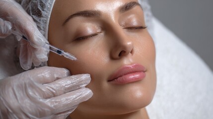A woman relaxes as a trained professional administers a cosmetic injectable treatment to enhance her facial features. The clinic environment is clean and calming.