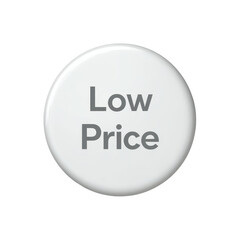 A round white Low Price sticker button with simple circular shape, soft gray text, minimal shadow, and clean flat appearance, isolated on transparent background