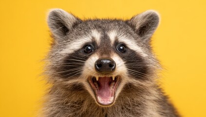 Obraz premium raccoon with an open mouth, isolated on a yellow background
