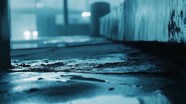 Wet pavement capturing the reflections of distant city lights and structures, creating a mysterious and foreboding urban scene with a deep blue monochromatic tone