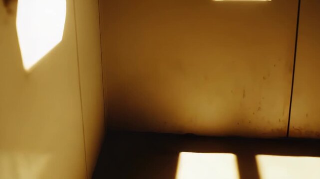 Sunlight streams through a narrow opening, casting bright parallel beams on a dusty concrete floor and dim wall, stark contrast evoking hope, freedom and escape from confinement