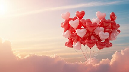 Fototapeta premium Heart-shaped balloons floating in sky 