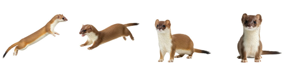 Set of Stoat Full Body Poses in Various Angles, Forest Wildlife Animal Collection Isolated on White, PNG Oil Paint